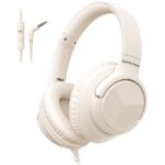 Headphones Wired with Microphone, Over Ear Foldable 3.5mm Plug in Headphones Corded with 4.9ft Tangle-Free Nylon Cord for Tablet, Laptop, MP3/4, School, Airplane Travel (Beige) Beige White Version 1.0.0