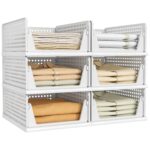 Pinkpum 6 Pack Closet Organizers Storage Bins, Stackable Plastic Drawer Basket for Clothing, Stackable Storage Bins Shelf Storage Container for Closet Wardrobe Bedroom Bathroom Office White 6 Pack L White Version 1.0.0