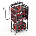 JUNNUJ Garage Large Power Tool Organizer Cart with 8 Outlet 3 USB Charging Station, Floor Rolling Drill and Tools Battery Storage Cart on Wheels, Heavy Duty Utility Rack Shelf with Power Strip 6 Ft power cord Red Version 1.0.0