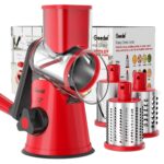 Geedel Rotary Cheese Grater, Kitchen Mandoline Vegetable Slicer with 3 Interchangeable Blades, Easy to Clean Rotary Grater Slicer for Cheese, Vegetables, Nuts Red 3 Blades Version 1.0.0